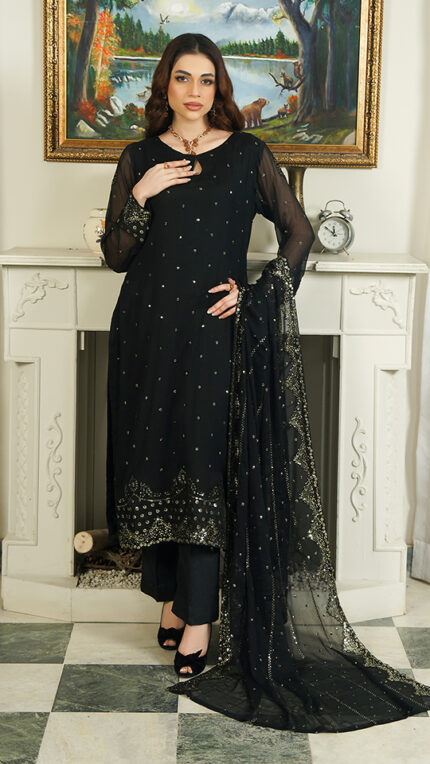 U029 - Un-Stitched 3 Piece Black Chiffon Kameez & Dupatta Paired With Matching Raw Silk Trouser by Navish