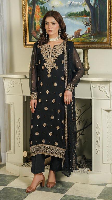 U033 - Un-Stitched 3 Piece Embroidered Black Chiffon and viscose Raw Silk trouser paired with a matching embroidered Chiffon Dupatta by Navish