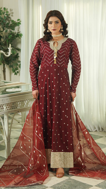 S024 - Stitched 3 Piece Maroon Paper Cotton Long Flared Frock with Matching Organza Dupatta by Navish