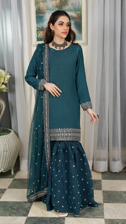 S026 - Stitched Zinc Green Embroidered Paper Cotton Gharara with Raw Silk Shirt & Net Dupatta by Navish