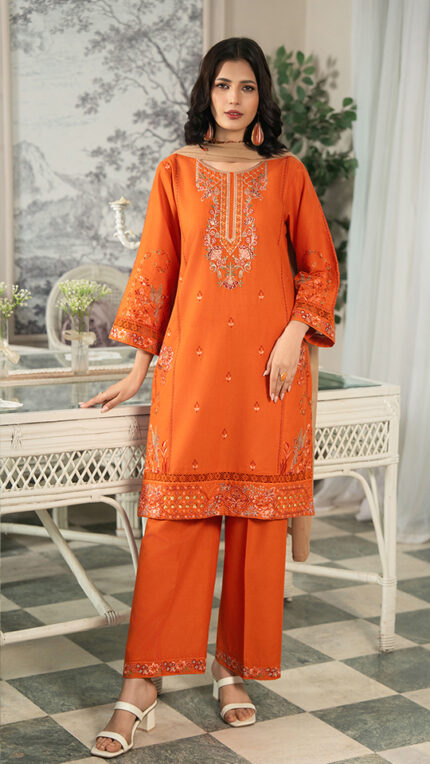 S010 - Stitched 3 Piece Orange Cotton Trouser Kameez with Beige Chiffon Dupatta by Navish