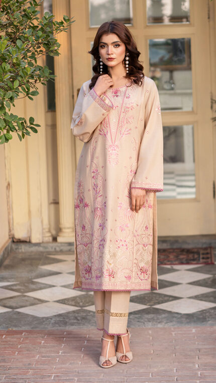 S017 - Stitched 3 Piece Beige Cotton Trouser Kameez with Net Dupatta by Navish