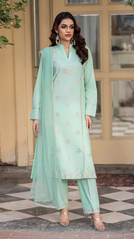 S023 - Stitched 3 Piece Teal Cotton Trouser Shirt With Net Dupatta By Navish