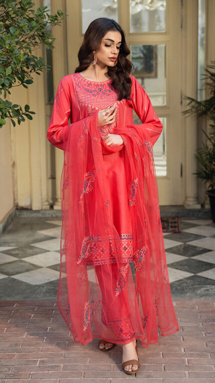 S018 - Stitched Embroidered Neon Red Cotton 3 Piece Shirt & Trouser with Net Dupatta by Navish