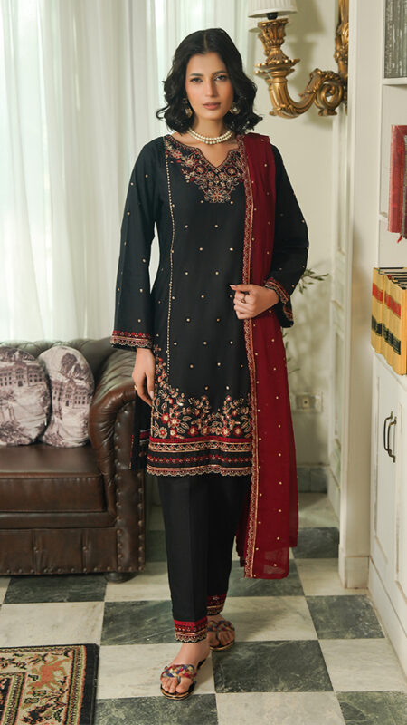 S004-Stitched Embroidered Cotton Shirt with Trouser & Chiffon Dupatta by Navish