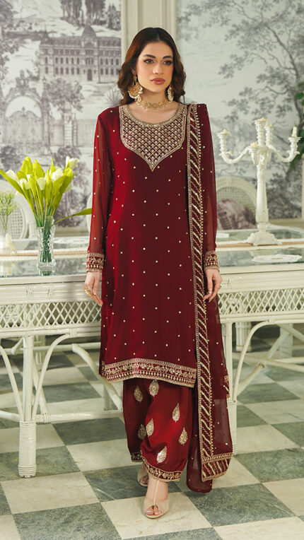 U034 - Un-stiched 3 Piece Embroidered Maroon Chiffon Kameez, Dupatta & Embroidered Raw Silk Shalwar by Navish