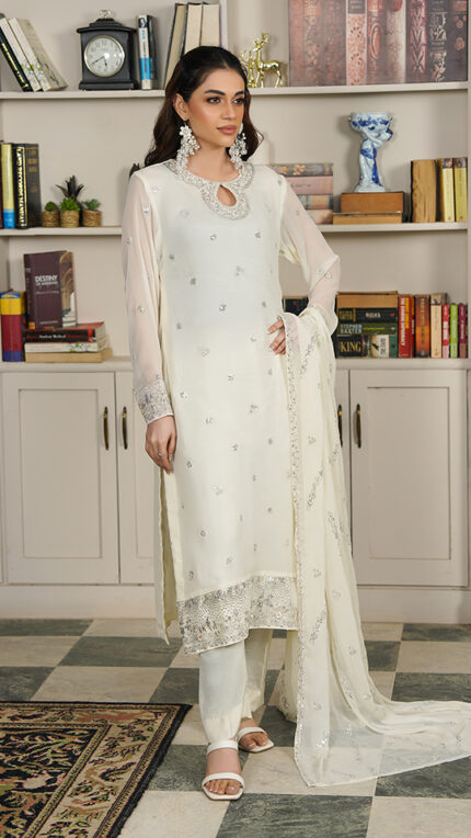 U028 - Un-Stitched 3 Piece Off White Chiffon Kameez & Dupatta Paired With Matching Raw Silk Trouser by Navish