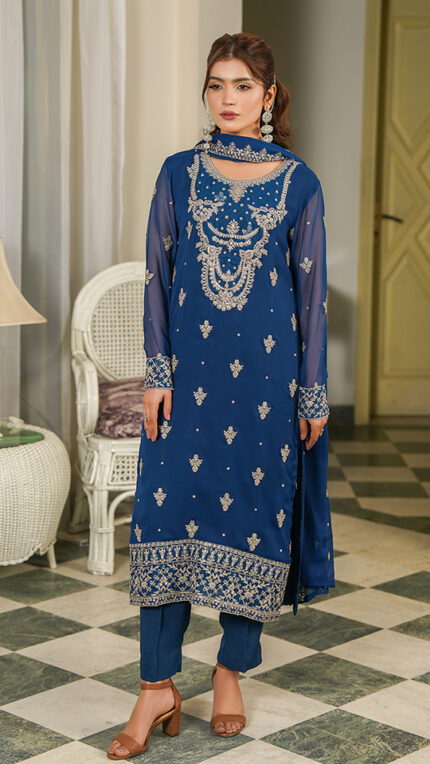 U037 - Un-Stitched 3 Piece Zinc Embroidered Chiffon Kameez, Dupatta paired with matching Raw Silk Trouser by Navish