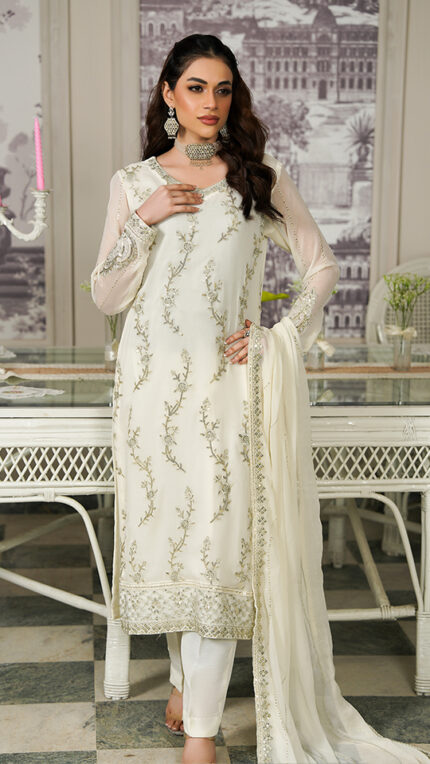U039 - Un-Stitched 3 Piece Off White Chiffon Kameez and Dupatta Paired With Matching Raw Silk Trouser by Navish
