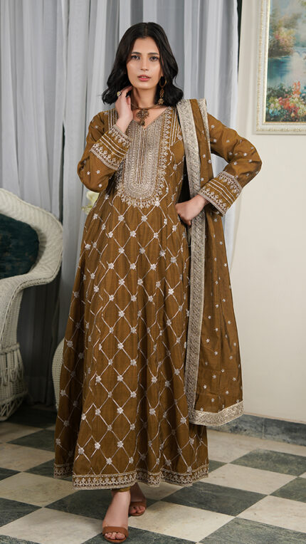 S040 - Stitched 3 Piece Mustard Brown Long Kalidar Paper Cotton Frock by Navish