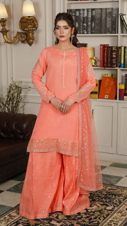 S027- Stitched Peach Colored 3 Piece Paper Cotton Sharara with Raw Silk Shirt & Net Dupatta by Navish
