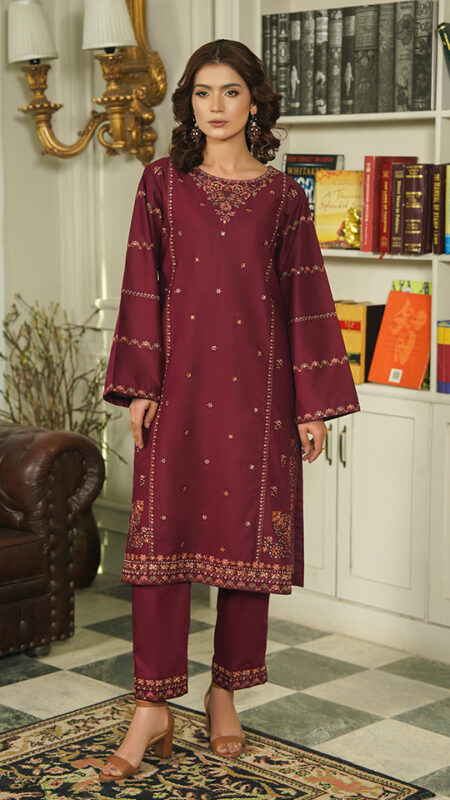 S008 - Maroon 2 Piece Stitched Cotton Trouser Kameez with Thread & Sequin Embroidery by Navish