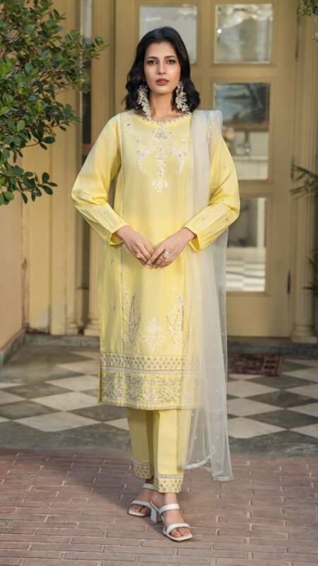 S005 - Stitched 3 Piece Yellow Cotton Trouser Shirt With Net Dupatta By Navish