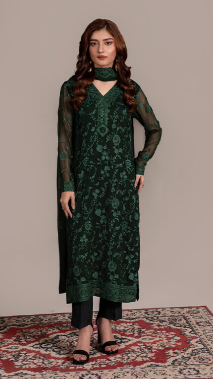 U042-Unstiched 3 Piece Embroidered Green Chiffon Kameez, Dupatta & Raw Silk Trouser